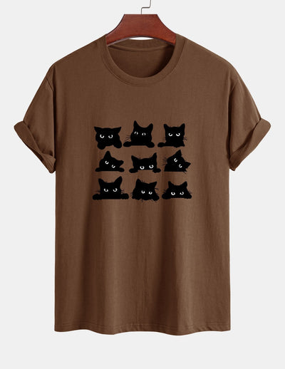 Arán® | Black Cat Staring Print Cotton T-Shirt