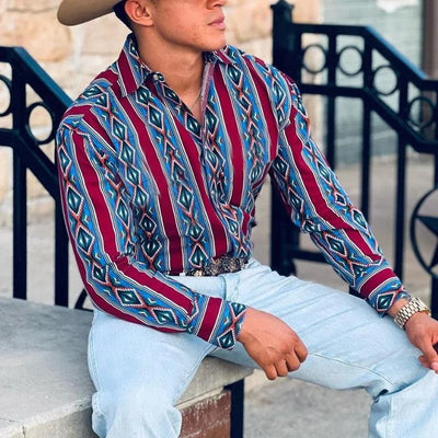 Men's Western Cowboy Stripe Printed Vacation Long Sleeve Shirt
