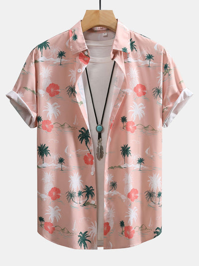Lorenzo® | Tropical Plants Print Button Up Shirt & Swim Shorts