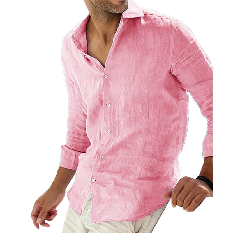 Men's Casal Solid Color Cotn Linen Lapel Collar Breathable Long Sleeve Shirt