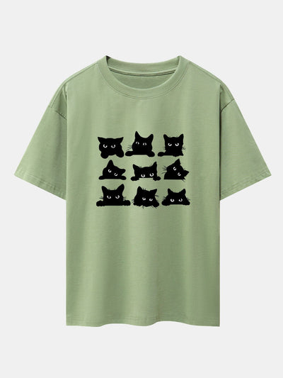 Atanasio® | Black Cat Staring Print Drop Shoulder Oversize T-Shirt