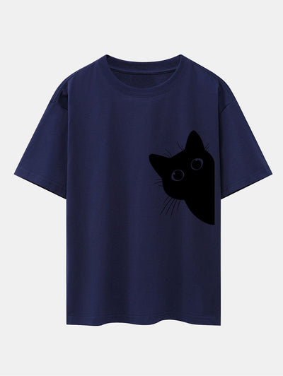 Severo® | Black Cat Print Drop Shoulder Oversize T-Shirt