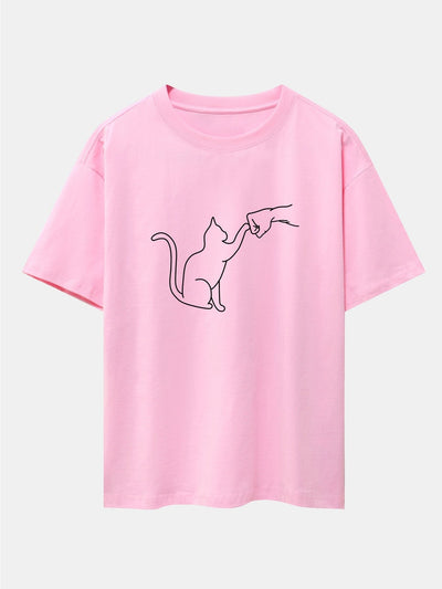 Asier® | Fist Bump Cat Print Drop Shoulder Oversize T-Shirt