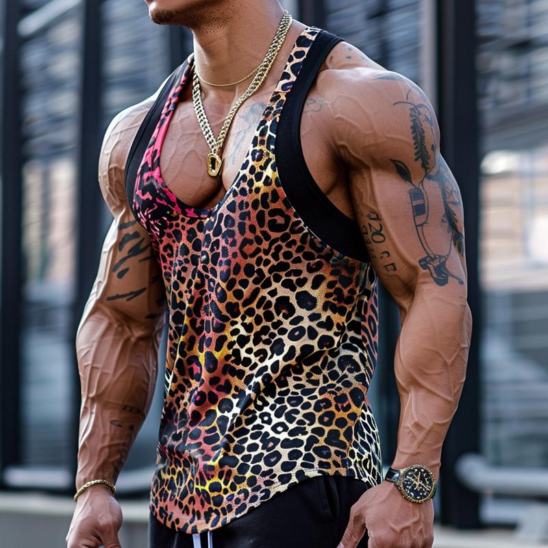 【CLEARANCE】Men's Sexy -Neck Leopard Print Cotn Blend Patchwork Tank