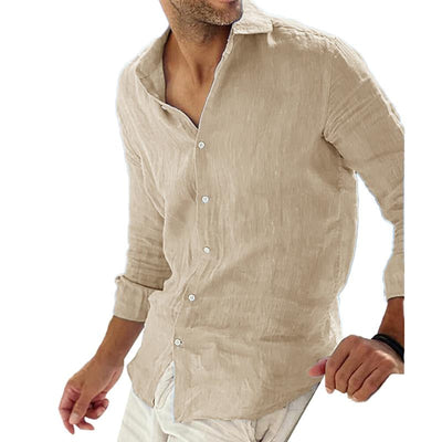 Men's Casal Solid Color Cotn Linen Lapel Collar Breathable Long Sleeve Shirt