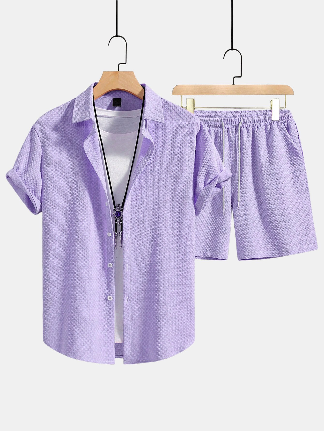 Dionisio® | Checkerboard Texture Button Up Shirt & Drawstring Shorts