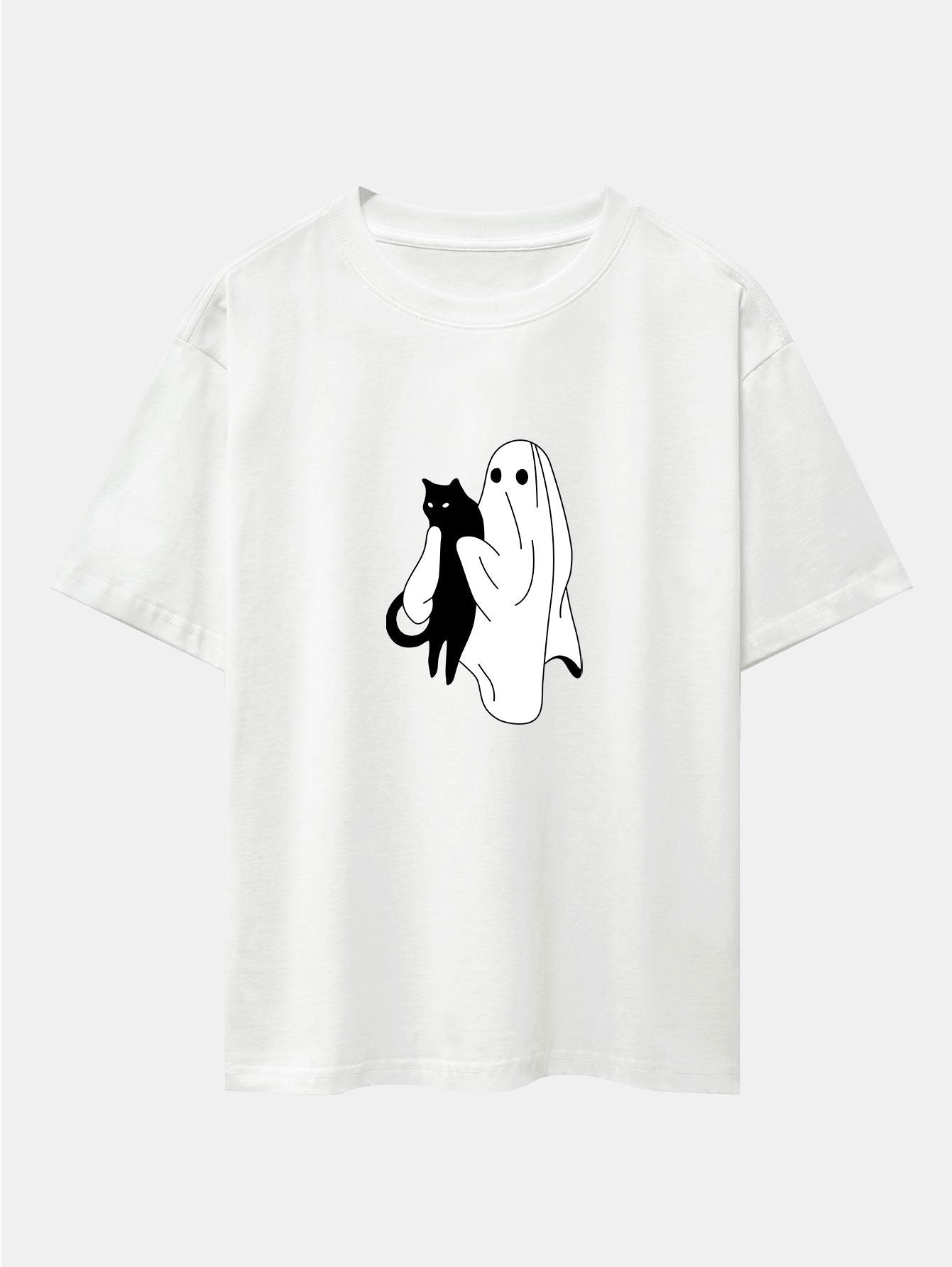 Aurelio® | Ghost Black Cat Print Drop Shoulder Oversize T-Shirt