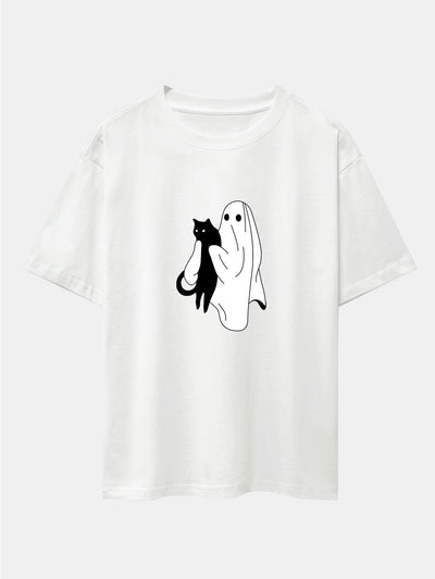 Aurelio® | Ghost Black Cat Print Drop Shoulder Oversize T-Shirt