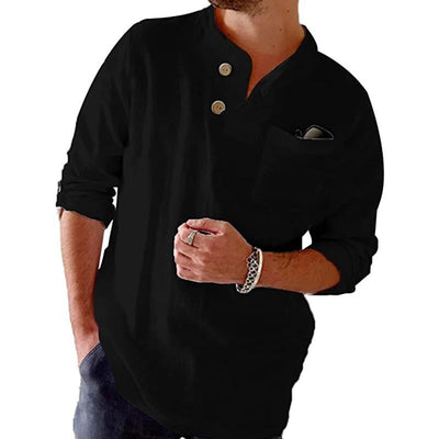 Men's Cotn Linen Loose Casal Solid Color Roll-p Sleeve Long-sleeved Shirt