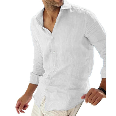 Men's Casal Solid Color Cotn Linen Lapel Collar Breathable Long Sleeve Shirt