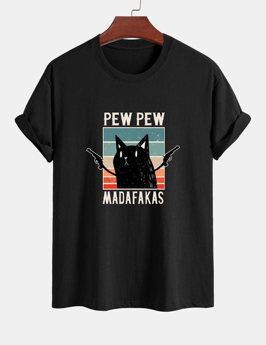 Tadeo® | Black Cat Print Cotton T-Shirt