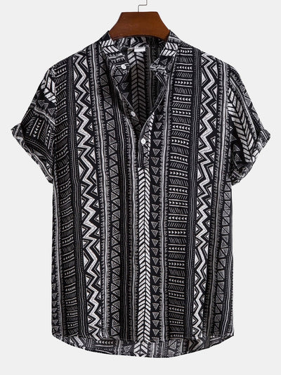 Kolby® | Tribal Geometric Print Half Placket Henley Collar Shirt