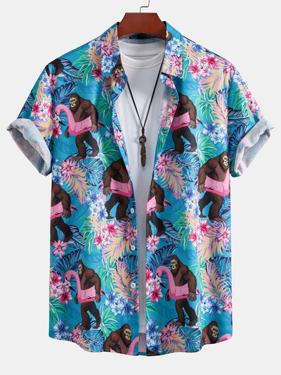 Kasey® | Tropical Plants And Orangutan Print Button Up Shirt