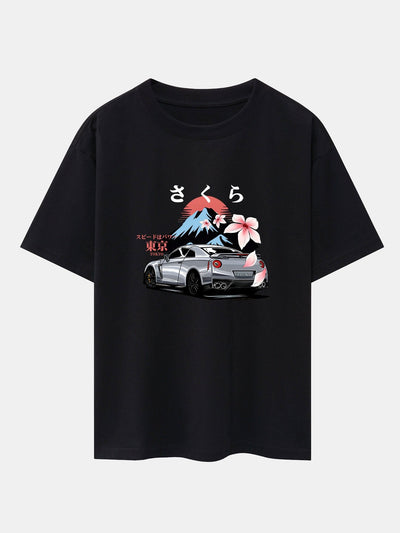 Howard® | Tokyo Cherry Blossoms Car Print Drop Shoulder Oversize T-Shirt
