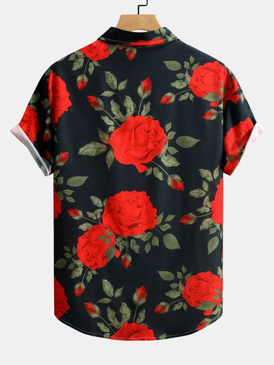Aretas® | Red Rose Print Button Up Shirt