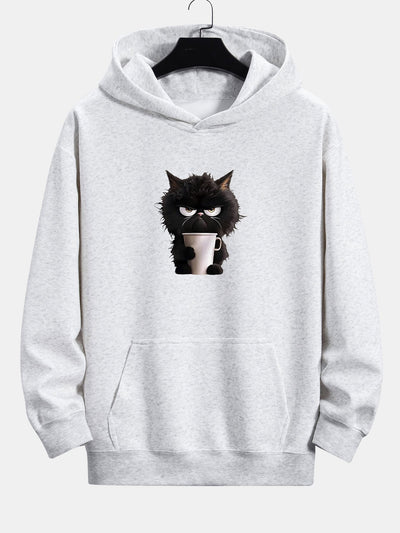 Donald | Black Cat Drinking Coffee Print Relax Fit Hoodie
