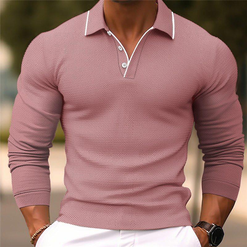 Men's Solid Color Lapel SliFit Cotn Blend Long Sleeve Polo Shirt