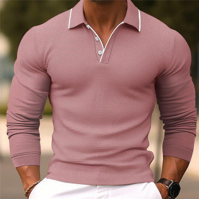 Men's Solid Color Lapel SliFit Cotn Blend Long Sleeve Polo Shirt