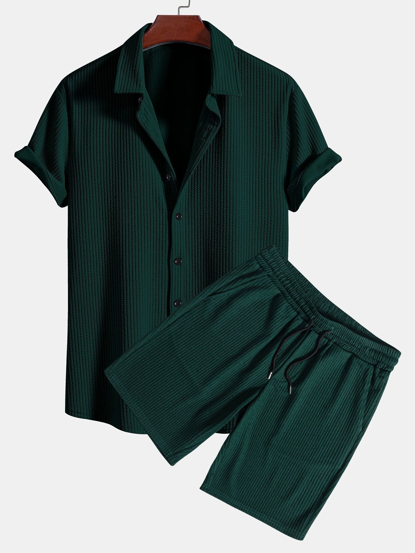 Tate® | Muscle Fit Ribbed Button Up Shirt & Shorts