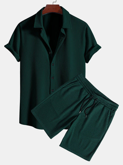 Tate® | Muscle Fit Ribbed Button Up Shirt & Shorts