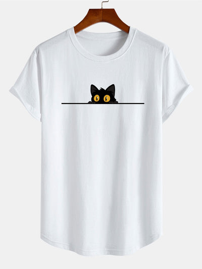Neil® | Black Cat Print Cotton Arc Hem T-Shirt