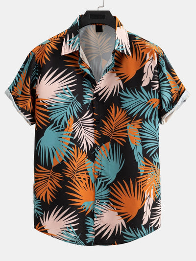 Adrastos® | Leaf Print Button Up Shirt & Man Mid Length Drawstring Swim Shorts