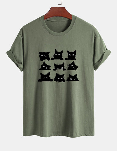 Arán® | Black Cat Staring Print Cotton T-Shirt
