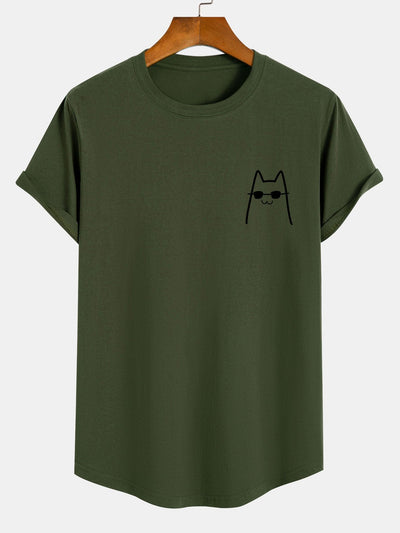Anthony® | Cat With Sunglasses Print Cotton Arc Hem T-Shirt