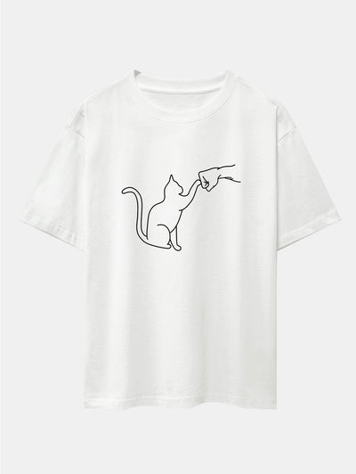 Asier® | Fist Bump Cat Print Drop Shoulder Oversize T-Shirt