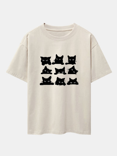 Atanasio® | Black Cat Staring Print Drop Shoulder Oversize T-Shirt