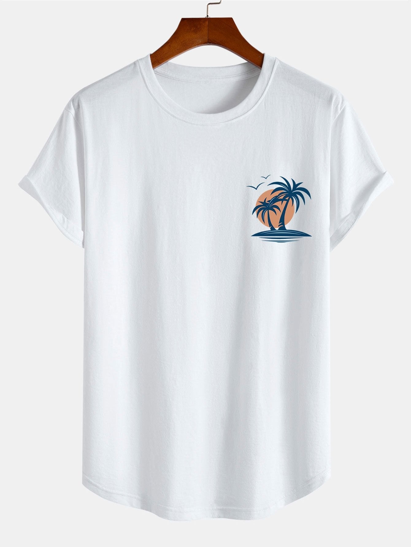 Ben® | Palm Tree Seagull Print Cotton Arc Hem T-Shirt