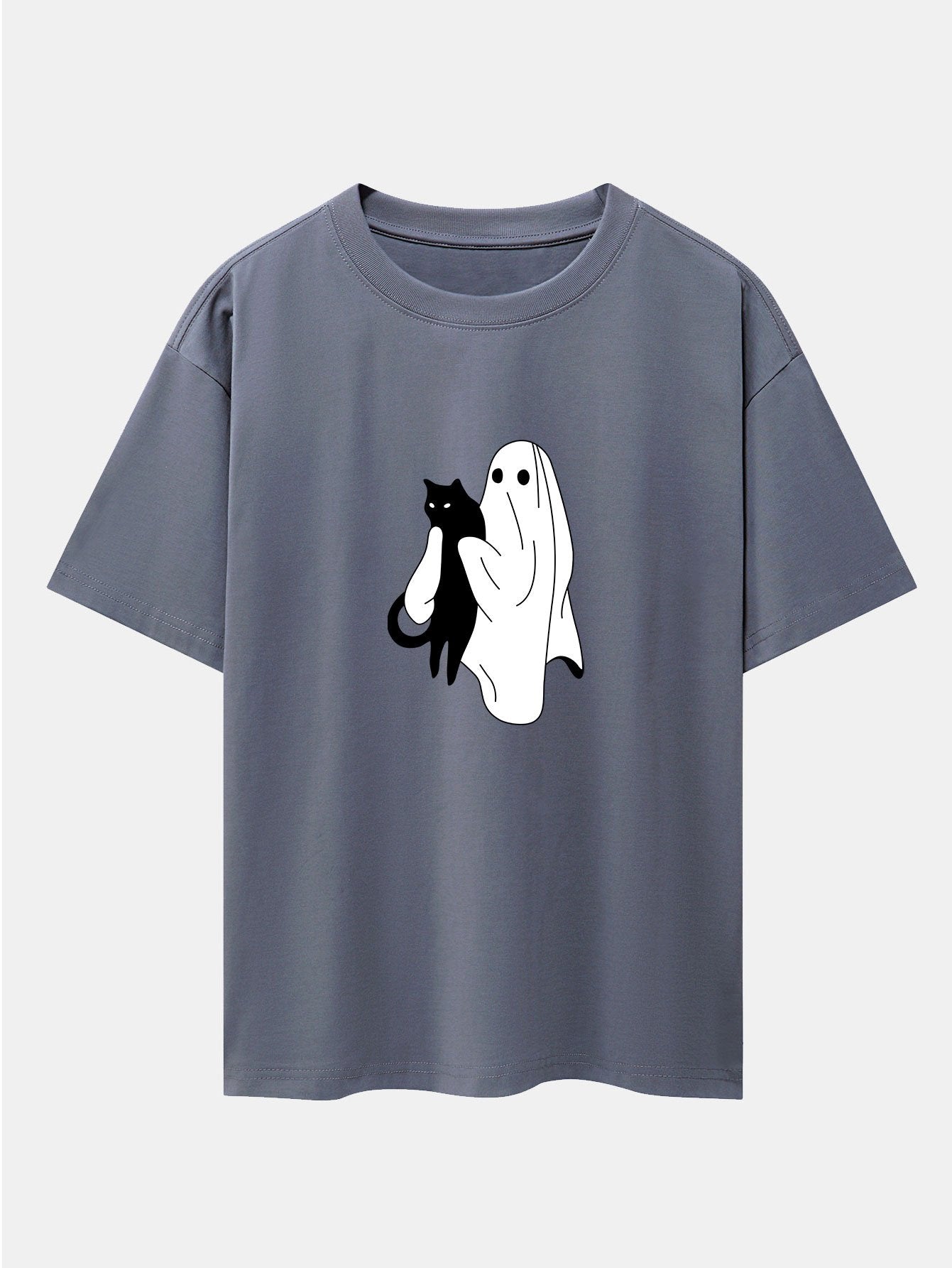 Aurelio® | Ghost Black Cat Print Drop Shoulder Oversize T-Shirt