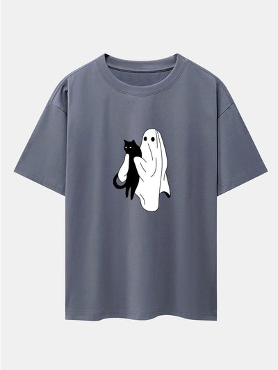 Aurelio® | Ghost Black Cat Print Drop Shoulder Oversize T-Shirt