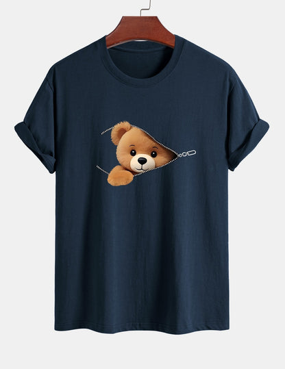 Yeshayahu® | Zipper Bear Print Cotton T-Shirt