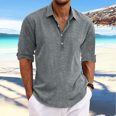 Men's Casal Solid Color Pllover Lapel Roll-p Cotn and Linen Sleeve Long Sleeve Shirt