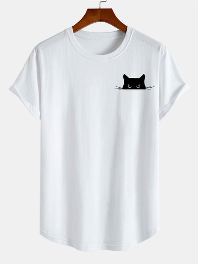 Apolinar® | Black Cat Print Cotton Arc Hem T-Shirt