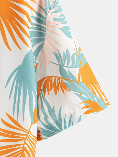 Adrastos® | Leaf Print Button Up Shirt & Man Mid Length Drawstring Swim Shorts