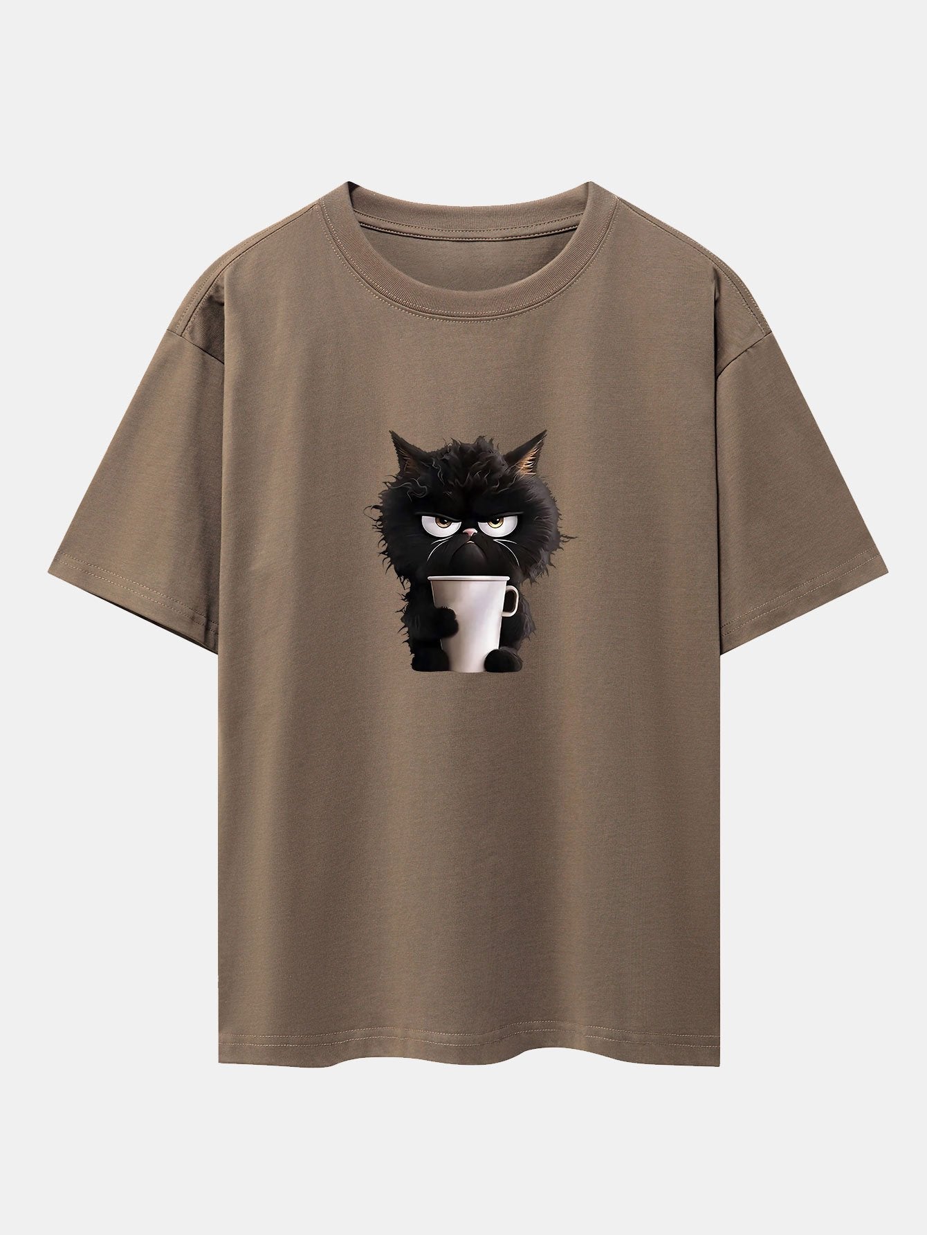 Augusto® | Black Cat Drinking Coffee Print Drop Shoulder Oversize T-Shirt