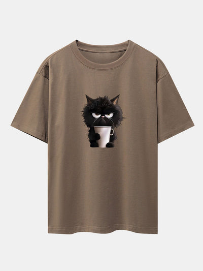 Augusto® | Black Cat Drinking Coffee Print Drop Shoulder Oversize T-Shirt