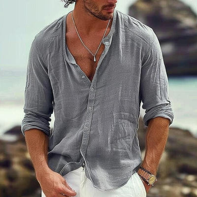Men's Casal Cotn Linen Stand Collar Single Breasted Long-Sleeved Shirt
