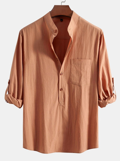 Aniruddha® | Long Sleeve Linen Look Henley Collar Shirt