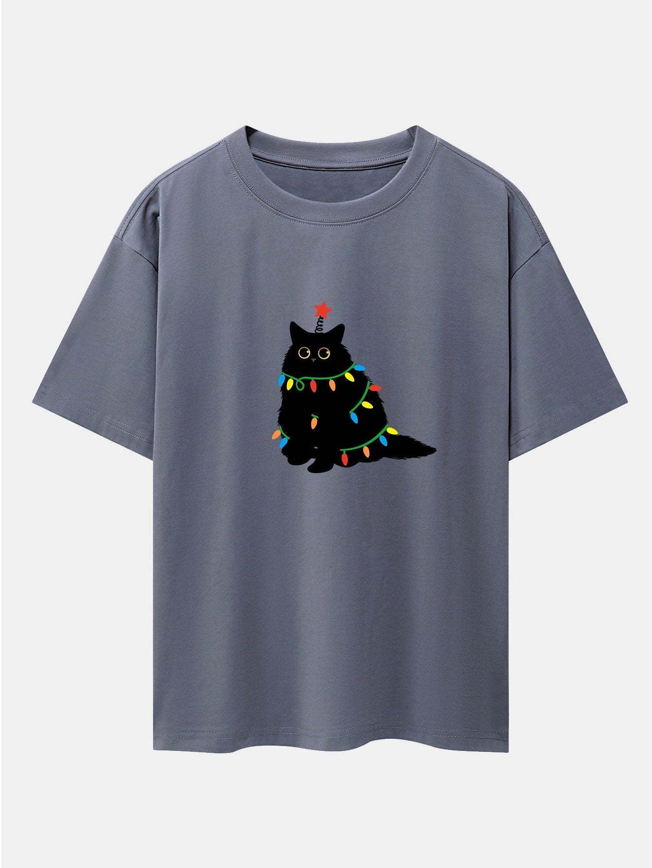 Juan® | Christmas Lights Black Cat Print Drop Shoulder Oversize T-Shirt