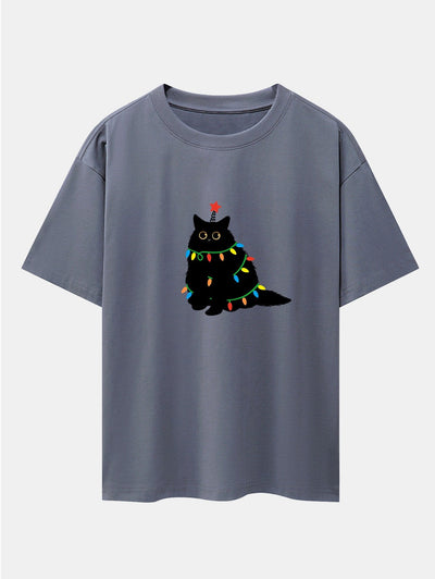 Juan® | Christmas Lights Black Cat Print Drop Shoulder Oversize T-Shirt