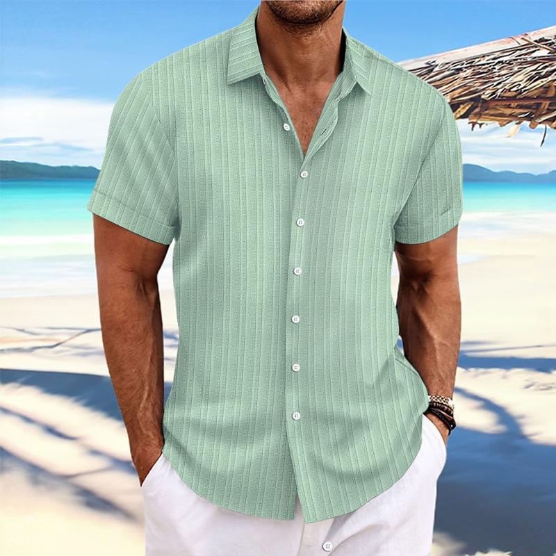 Men's Cotn Linen Stripe Print Loose Short Sleeve Lapel Shirt