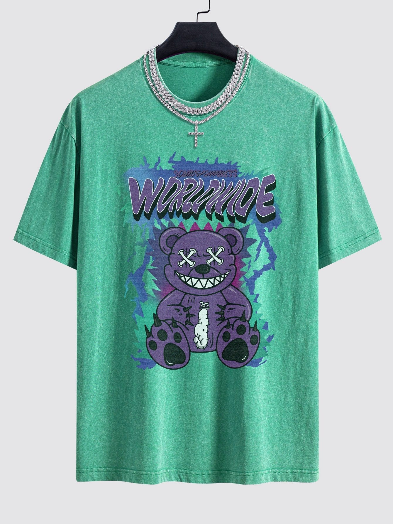 Jeremy® | Tattered Bear Print Washed Drop Shoulder Oversize T-Shirt