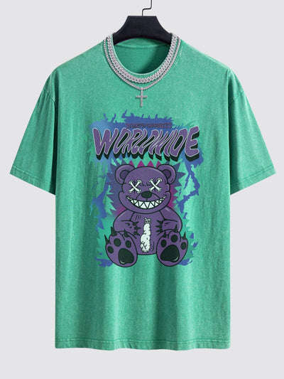 Jeremy® | Tattered Bear Print Washed Drop Shoulder Oversize T-Shirt