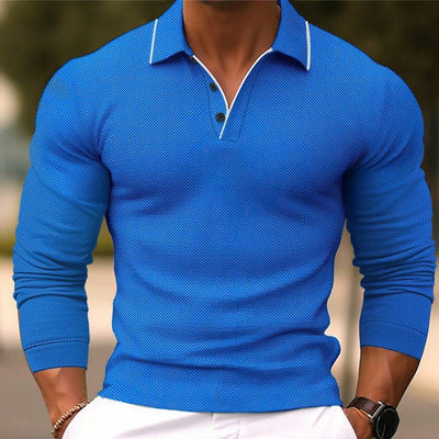 Men's Solid Color Lapel SliFit Cotn Blend Long Sleeve Polo Shirt