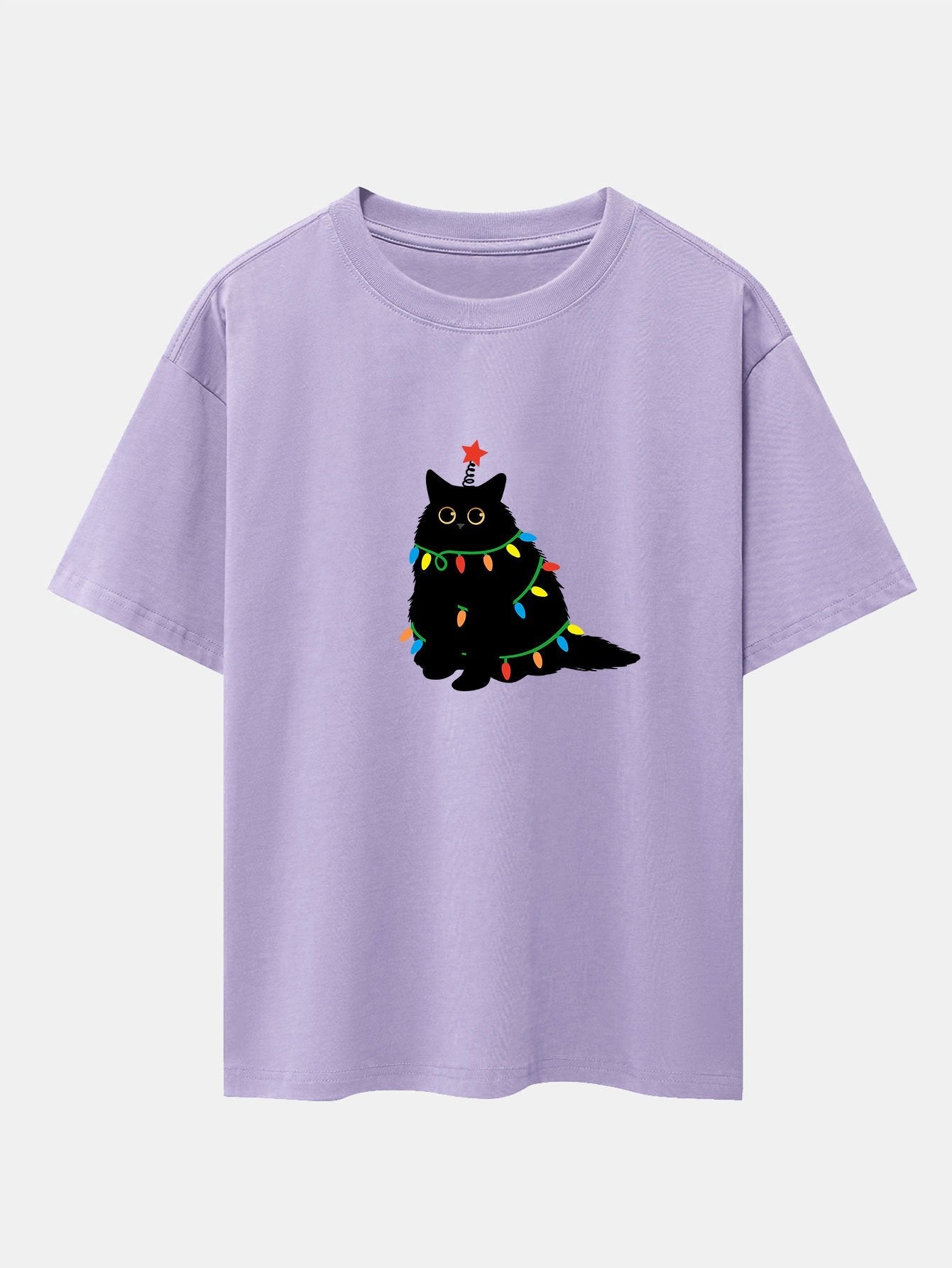 Juan® | Christmas Lights Black Cat Print Drop Shoulder Oversize T-Shirt