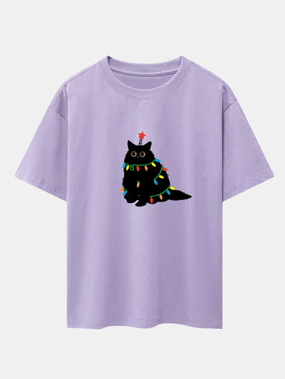 Juan® | Christmas Lights Black Cat Print Drop Shoulder Oversize T-Shirt