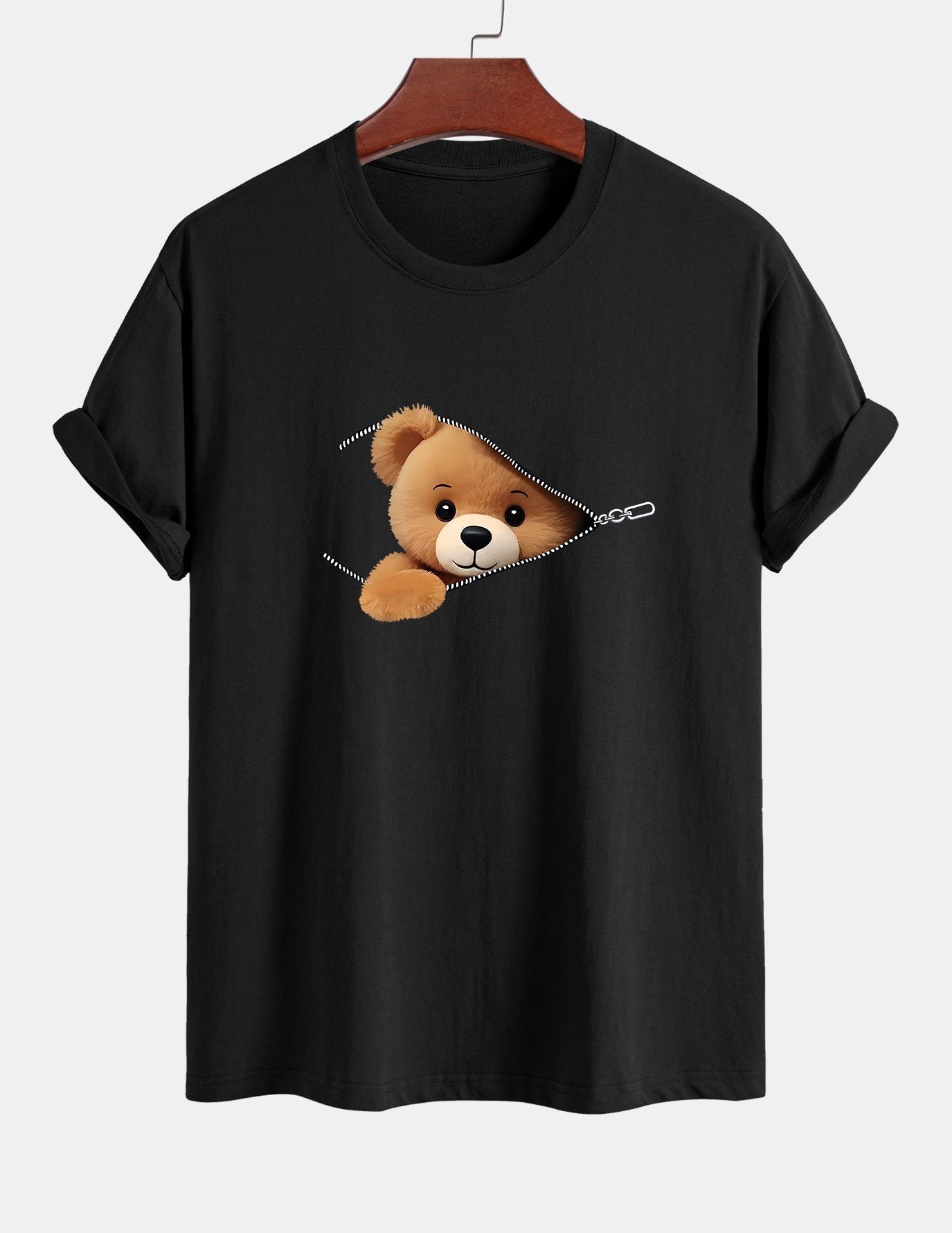 Yeshayahu® | Zipper Bear Print Cotton T-Shirt